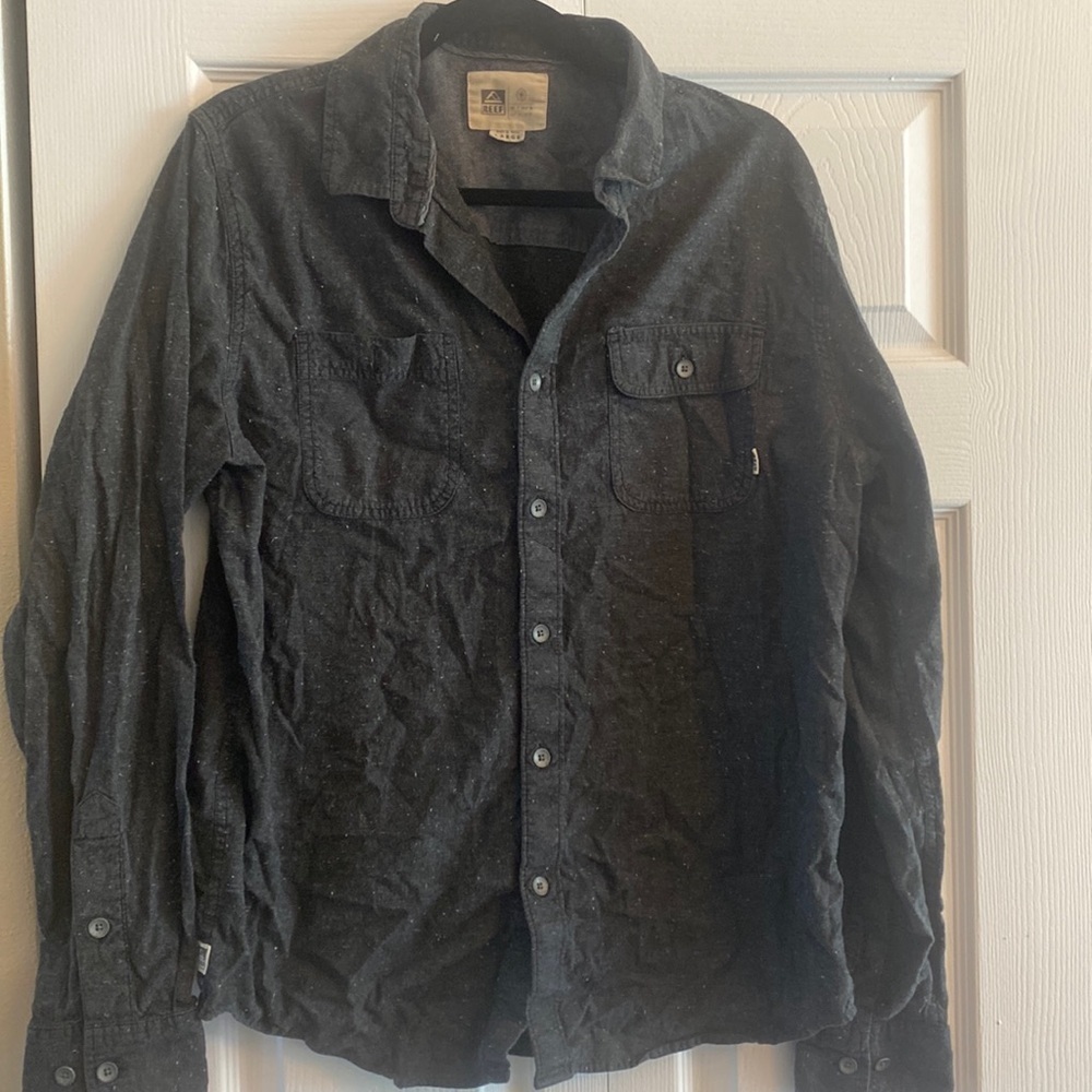 Reef gray button front long sleeve speckled size L